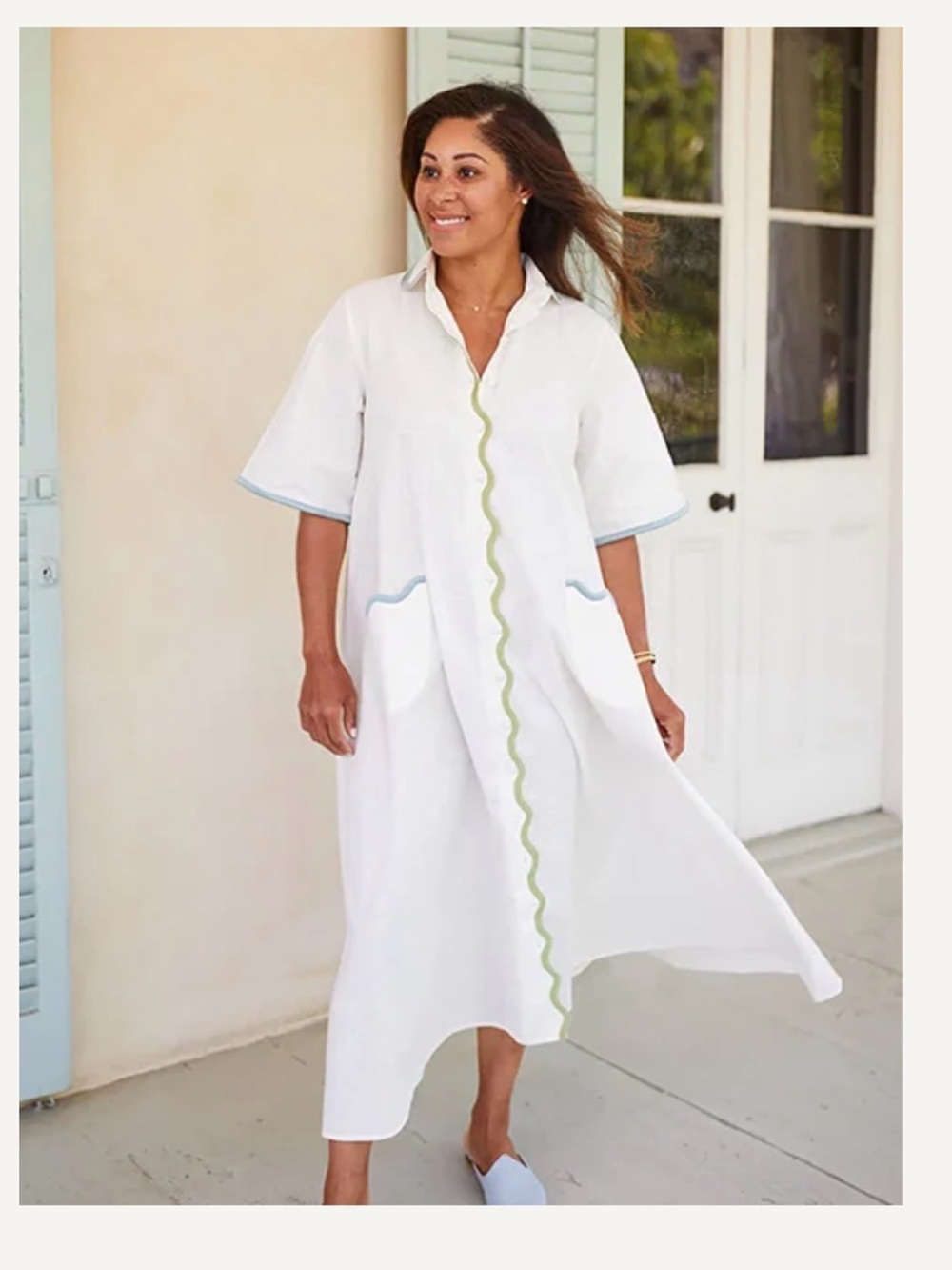 White Women's Dress with Blue and Green Trim